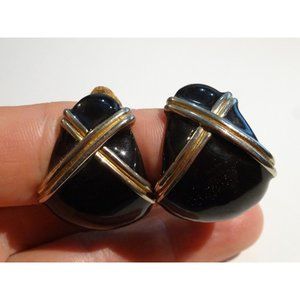 Vintage DONALD STANNARD Black‎ Enameled Gold X Door Knocker HOOPS Clip-Ons